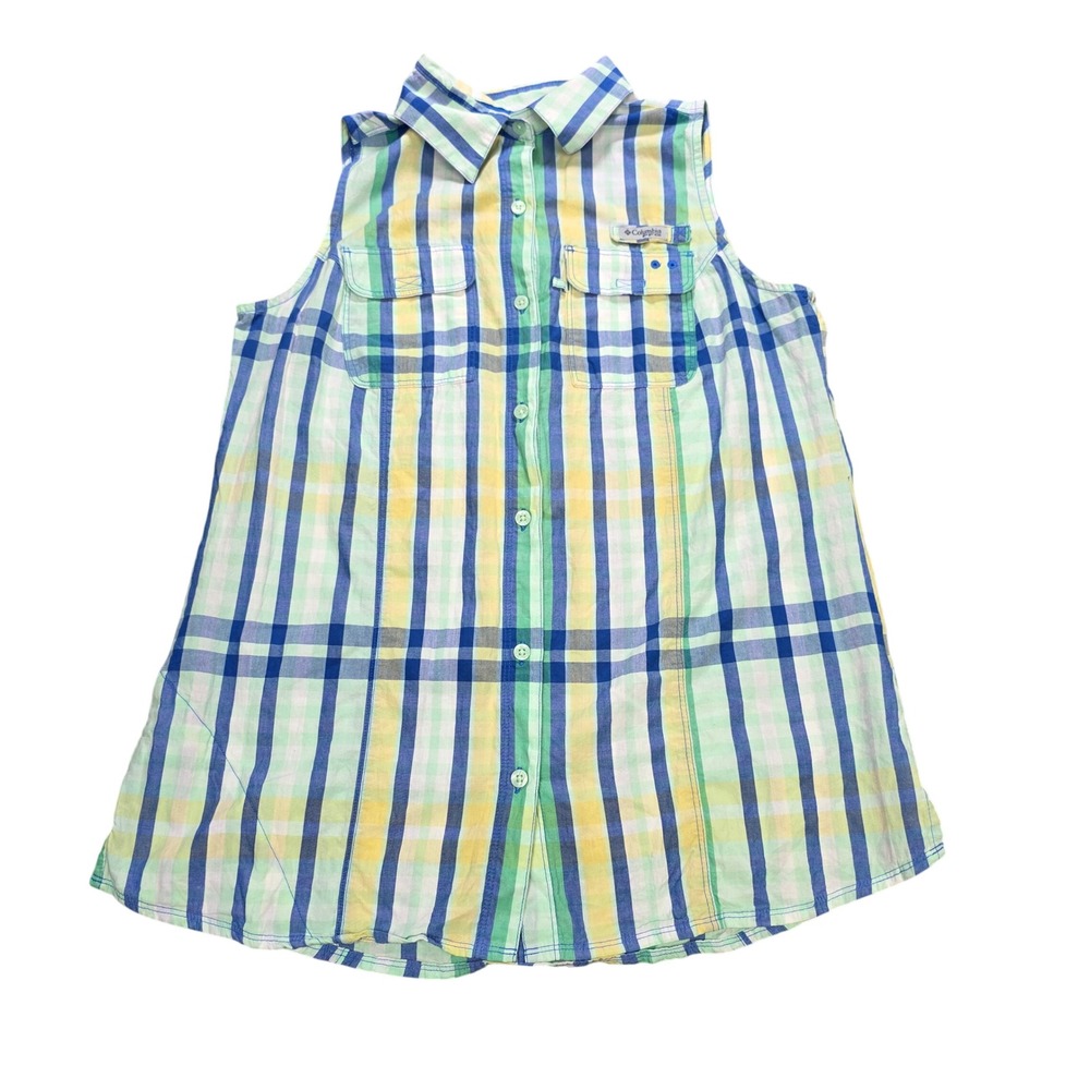 Columbia PFG Plaid Fishing Shirt Women's Size M Blue White Green Sleeveless